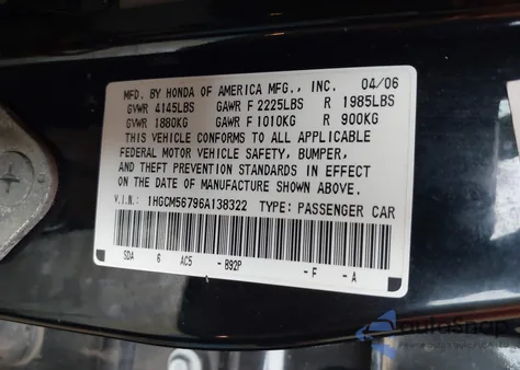 2006 Honda Accord 2.4 Ex z USA, uszkodzony, nr VIN 1HGCM56796A138322